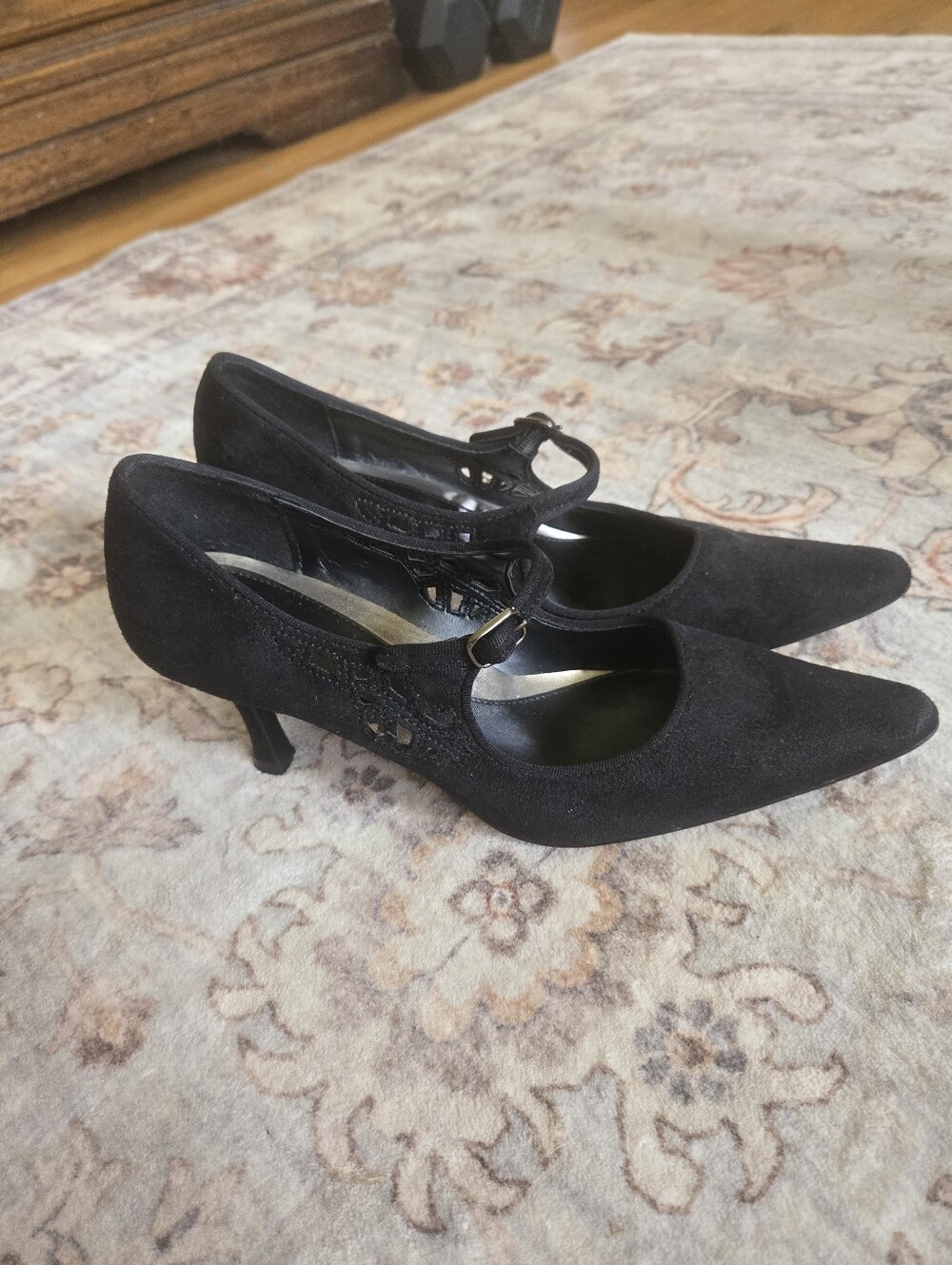 Predictions Black Suede Pointed Mary Jane Heels, Cut Out, Witchy, Dark Romantic